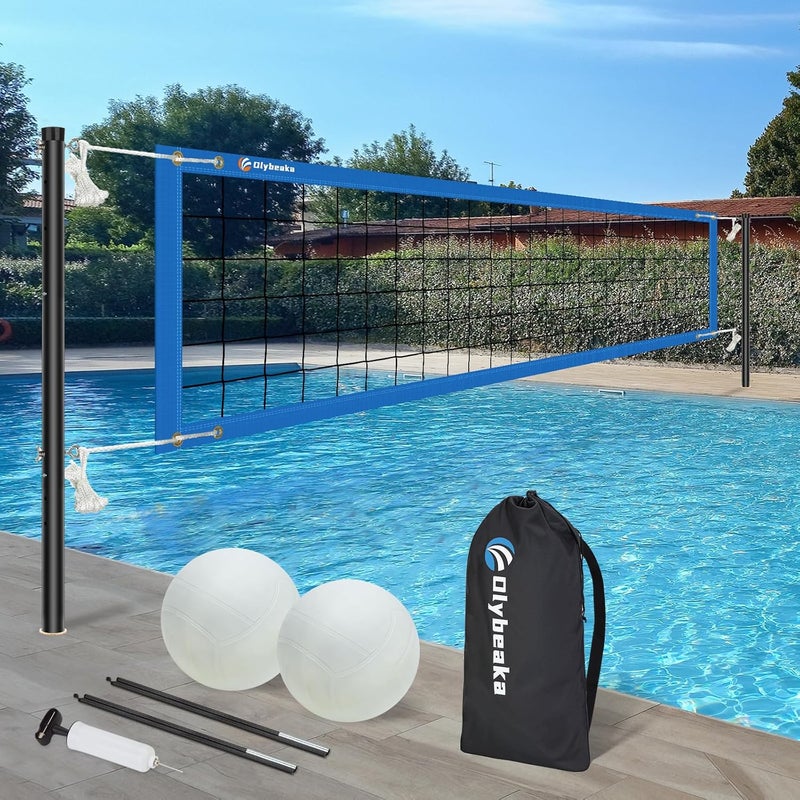 Olybeaka Base Free Pool Volleyball Net Set with 15-26 ft Length Adjustable, 3 Heights Adjustable Outdoor Volleyball Set for Pool with 2 Volleyballs and Carry Bag - Image 1